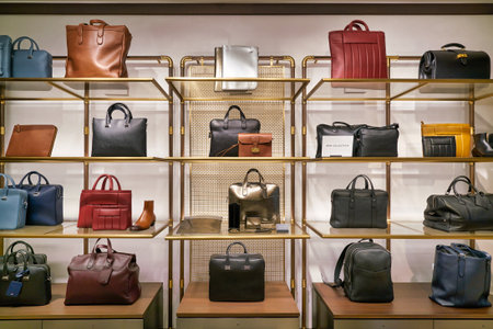 HONG KONG, CHINA - JANUARY 22, 2019: bags on display at a Dunhill store in Hong Kong. Alfred Dunhill Limited is a British luxury goods brand, specialising in menswear, leather goods, and accessories.のeditorial素材