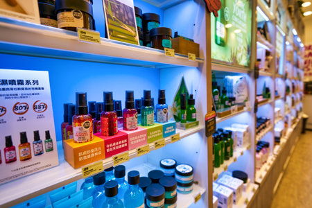 HONG KONG, CHINA - CIRCA JANUARY, 2019: personal care products on display at The Body Shop store in Hong Kong. The Body Shop is a cosmetics, skin care and perfume company.のeditorial素材