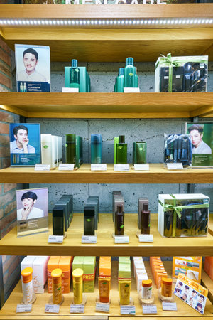 HONG KONG, CHINA - CIRCA JANUARY, 2019: cosmetics on display at a Nature Republic store in Hong Kong. Nature Republic is a South Korean cosmetics brand.のeditorial素材