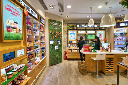 HONG KONG, CHINA - CIRCA JANUARY, 2019: personal care products on display at The Body Shop store in Hong Kong. The Body Shop is a cosmetics, skin care and perfume company.のeditorial素材