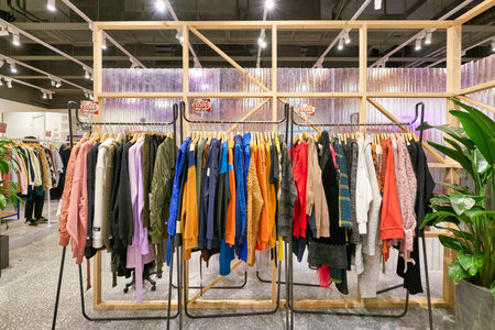 HONG KONG, CHINA - JANUARY 23, 2019: clothes on display at a store in New Town Plaza. New Town Plaza is a shopping mall in the town centre of Sha Tin, Hong Kong.のeditorial素材