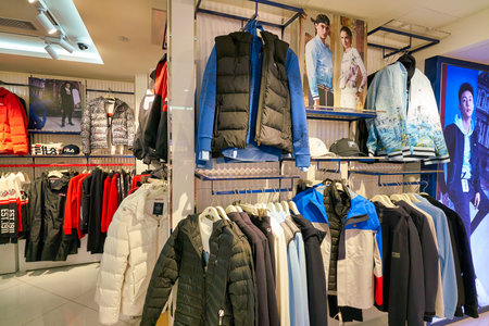 HONG KONG, CHINA - JANUARY 23, 2019: clothes on display at Fila store in New Town Plaza. New Town...