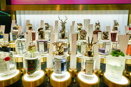 HONG KONG, CHINA - JANUARY 22, 2019: perfumes on display at Penhaligon's store in IFC mall in Hong Kong. Penhaligon's is a British perfume house,のeditorial素材