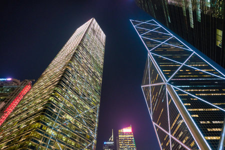 HONG KONG, CHINA - CIRCA JANUARY, 2019: low angle view of skyscrapers in Hong Kong.のeditorial素材