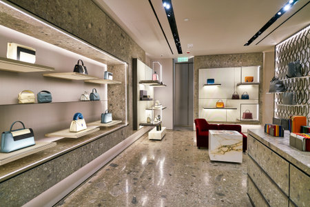 HONG KONG, CHINA - JANUARY 22, 2019: bags on display at Valextra store at ifc mall in Hong Kong....