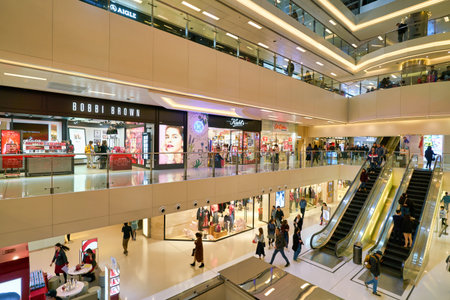 HONG KONG, CHINA - CIRCA JANUARY, 2019: interior shot New Town Plaza. New Town Plaza is a shopping mall, developed by Sun Hung Kai Properties, in the town centre of Sha Tin, Hong Kong.のeditorial素材