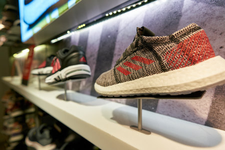 HONG KONG, CHINA - CIRCA JANUARY, 2019: close up shot of footwear on display at Adidas store in Hong Kong.のeditorial素材