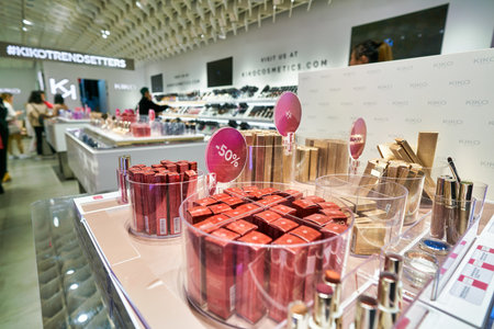 HONG KONG, CHINA - CIRCA JANUARY, 2019: interior shot of a Kiko Milano store in Hong Kong. Kiko Milano is a Italian cosmetics brand.のeditorial素材