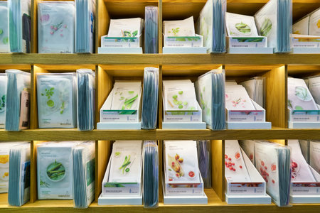 HONG KONG, CHINA - CIRCA JANUARY, 2019: masks on display at an Innisfree store in Hong Kong. Innisfree is a South Korean cosmetics brand owned by Amore Pacific.のeditorial素材