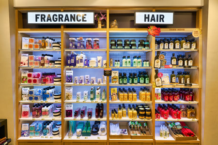 HONG KONG, CHINA - CIRCA JANUARY, 2019: personal care products on display at The Body Shop store in Hong Kong. The Body Shop is a cosmetics, skin care and perfume company.のeditorial素材