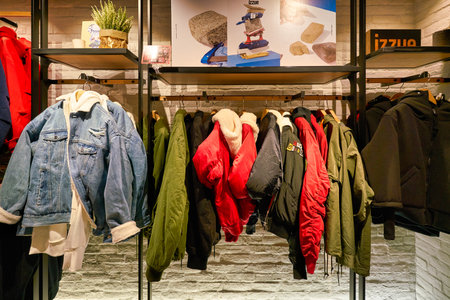 HONG KONG, CHINA - JANUARY 23, 2019: clothes on display at izzue store in New Town Plaza. New Town Plaza is a shopping mall in the town centre of Sha Tin, Hong Kong.のeditorial素材