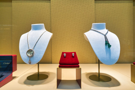 HONG KONG, CHINA - CIRCA JANUARY, 2019: close up shot of display window at a Cartier store in Hong Kong.のeditorial素材