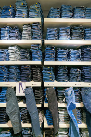 HONG KONG, CHINA - JANUARY 23, 2019: jeans on display at G-Star RAW store in New Town Plaza. New Town Plaza is a shopping mall in the town centre of Sha Tin, Hong Kong.のeditorial素材