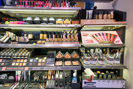 HONG KONG, CHINA - CIRCA JANUARY, 2019: makeup products on display at The Body Shop store in Hong Kong. The Body Shop is a cosmetics, skin care and perfume company.のeditorial素材