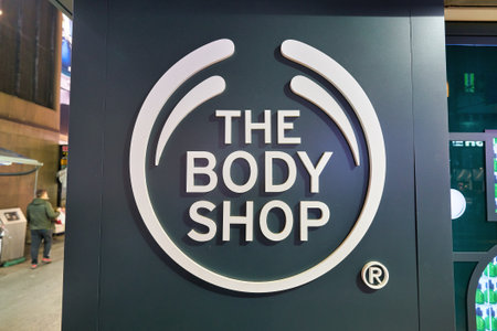 HONG KONG, CHINA - CIRCA JANUARY, 2019: close up shot of The Body Shop sign seen in Hong Kong. The Body Shop is a cosmetics, skin care and perfume company.のeditorial素材