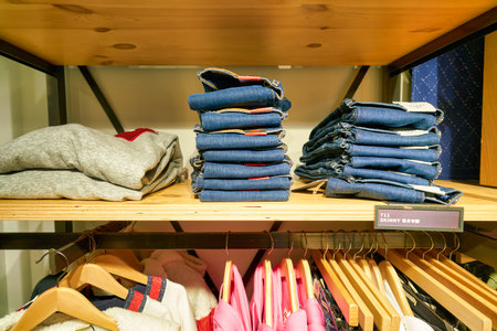 HONG KONG, CHINA - CIRCA JANUARY, 2019: clothes on display at a Levi's store in Hong Kong.のeditorial素材