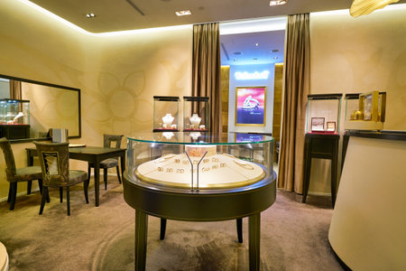 HONG KONG, CHINA - JANUARY 22, 2019: interior shot of Wellendorff store at ifc mall in Hong Kong. Wellendorff is a family-owned German manufacturer of jewellery.のeditorial素材