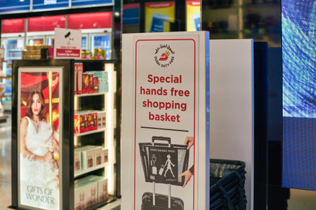DUBAI, UAE - CIRCA JANUARY 2019: special hands freee shopping basket sign seen at Dubai International Airport.のeditorial素材