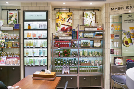 HONG KONG, CHINA - CIRCA JANUARY, 2019: cosmetic products on display at Origins store in Elements shopping mall.のeditorial素材