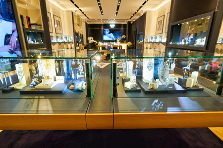 HONG KONG, CHINA - JANUARY 23, 2019: jewelleries on display at APM Monaco store at New Town Plaza shopping mall in Sha Tin. APM Monaco is a fashion jewelry company.のeditorial素材