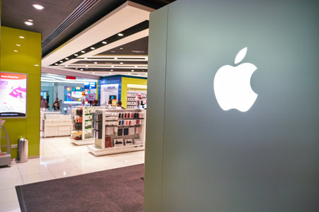 DUBAI, UAE - CIRCA JANUARY 2019: close up shot of Apple sign seen in Dubai International Airport.のeditorial素材