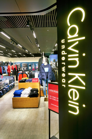 HONG KONG, CHINA - CIRCA JANUARY, 2019: entrance to Calvin Klein store in Elements shopping mall. Calvin Klein Inc. is an American luxury fashion house.のeditorial素材