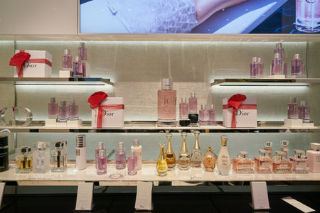 HONG KONG, CHINA - CIRCA JANUARY, 2019: perfumes on display at Christian Dior store in New Town Plaza shopping mall.のeditorial素材