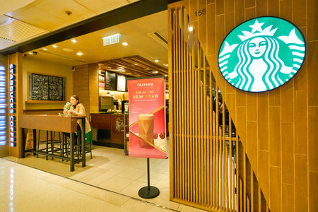 HONG KONG, CHINA - CIRCA JANUARY, 2019: entrance to Starbucks Coffee in Hong Kong.のeditorial素材
