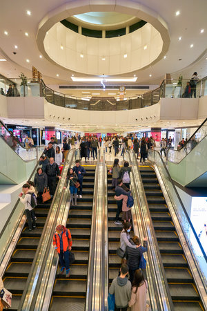HONG KONG, CHINA - JANUARY 23, 2019: escalators in New Town Plaza. New Town Plaza is a shopping mall, developed by Sun Hung Kai Properties, in the town centre of Sha Tin, Hong Kong.のeditorial素材