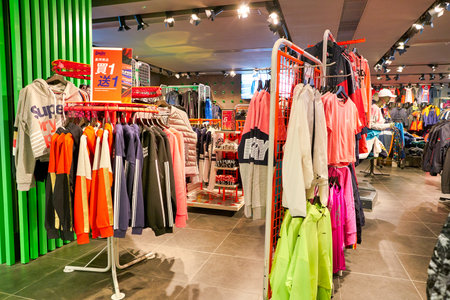 HONG KONG, CHINA - CIRCA JANUARY, 2019: clothes on display at Superdry store in Elements shopping...
