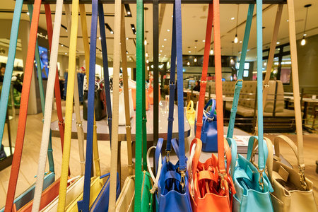 HONG KONG, CHINA - CIRCA JANUARY, 2019: bags on display at Agnes b store in New Town Plaza shopping mall in Hong Kong.のeditorial素材