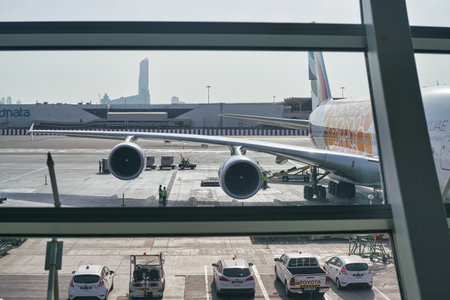 DUBAI, UAE - CIRCA JANUARY 2019: Emirates Airbus A380 on tarmac at Dubai International Airport.のeditorial素材