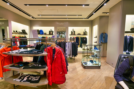 HONG KONG, CHINA - JANUARY 23, 2019: clothes on display at agnes b. store in New Town Plaza. New...