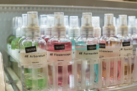 DUBAI, UAE - CIRCA FEBRUARY, 2019: close up shot of testers on display at H&M store in Dubai...
