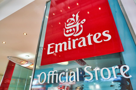 DUBAI, UAE - CIRCA JANUARY 2019: close up shot of Emirates Official Store sing seen in Dubai International Airport.のeditorial素材