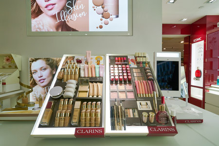 HONG KONG, CHINA - CIRCA JANUARY, 2019: personal care products on display at Clarins store in New Town Plaza shopping mallのeditorial素材