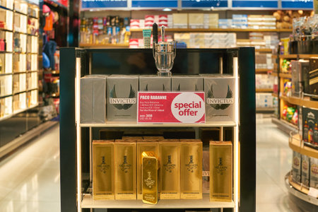 DUBAI, UAE - CIRCA JANUARY 2019: Paco Rabanne Invictus on display at Dubai International Airport.のeditorial素材