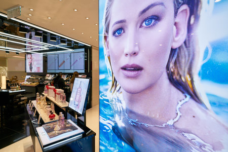 HONG KONG, CHINA - CIRCA JANUARY, 2019: Jennifer Lawrence on a poster seen at Christian Dior store...