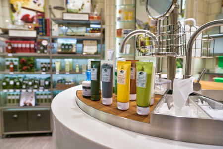 HONG KONG, CHINA - CIRCA JANUARY, 2019: cosmetic products on display at Origins store in Elements shopping mall.のeditorial素材