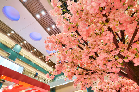 HONG KONG, CHINA - CIRCA JANUARY, 2019: cherry blossom decorations seen at New Town Plaza in Hong Kong.のeditorial素材