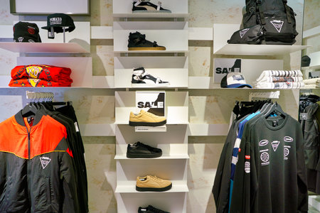 HONG KONG, CHINA - CIRCA JANUARY, 2019: interior shot of Puma store in Elements shopping mall. Puma, is a German multinational company that designs and manufactures athletic, casual footwear, apparel, accessories.のeditorial素材