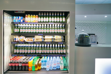 DUBAI, UAE - CIRCA JANUARY 2019: drinks and snacks on display at Peroni Bar in Dubai International Airport.のeditorial素材