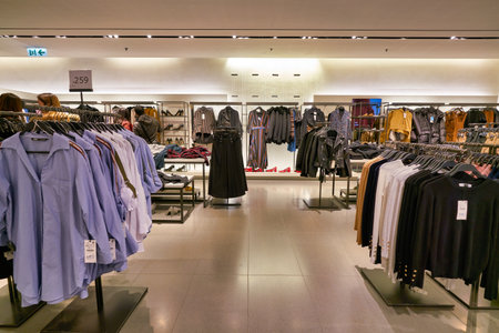 HONG KONG, CHINA - JANUARY 23, 2019: clothes on display at Zara store in New Town Plaza. New Town...