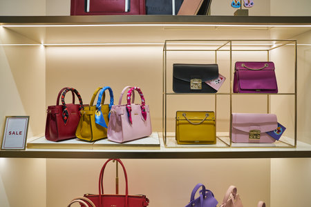 HONG KONG, CHINA - CIRCA JANUARY, 2019: bags on display at Furla store in Elements shopping mall.のeditorial素材