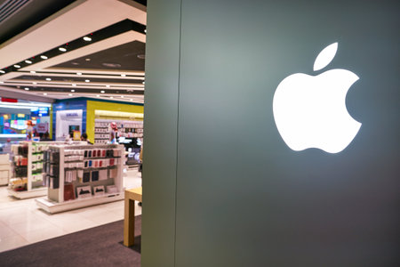 DUBAI, UAE - CIRCA JANUARY 2019: close up shot of Apple sign seen in Dubai International Airport.のeditorial素材