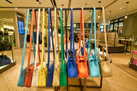 HONG KONG, CHINA - CIRCA JANUARY, 2019: bags on display at Agnes b store in New Town Plaza shopping mall in Hong Kong.のeditorial素材