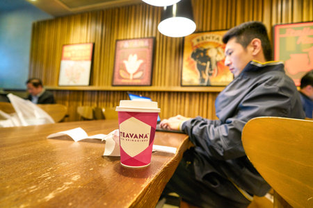 HONG KONG, CHINA - CIRCA JANUARY, 2019: paper cup seen on a table at Starbucks Coffee in Hong Kong.のeditorial素材