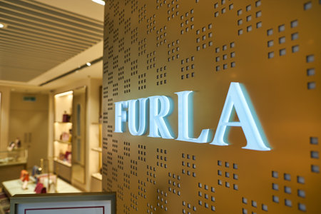 HONG KONG, CHINA - CIRCA JANUARY, 2019: close up shot of Furla sign seen at Elements shopping mall.のeditorial素材