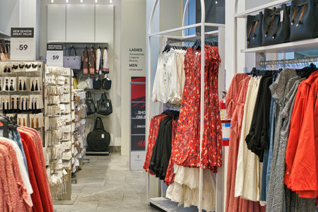 DUBAI, UAE - CIRCA FEBRUARY, 2019: interior shot of H&M store in Dubai International Airport.