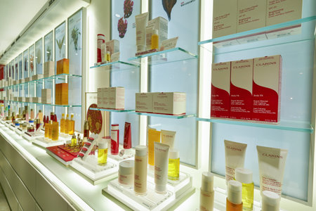 HONG KONG, CHINA - CIRCA JANUARY, 2019: personal care products on display at Clarins store in New Town Plaza shopping mallのeditorial素材